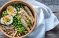 Bowl of chicken ramen soup on the wooden table Royalty Free Stock Photo