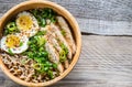 Bowl of chicken ramen soup on the wooden table Royalty Free Stock Photo