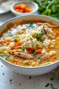 Bowl of chicken and rice soup with carrots and celery Royalty Free Stock Photo
