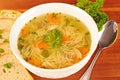 Bowl with chicken soup with vegetables and chicken meat, toasted bread Royalty Free Stock Photo