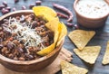 Bowl of chili con carne with tortilla chips Royalty Free Stock Photo