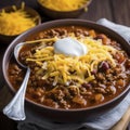 bowl of chili covered with cheese with spoon - AI MidJourney Royalty Free Stock Photo