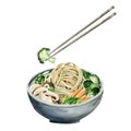 Bowl with Chinese noodles and vegetables watercolor illustration. Food chopsticks with asian meal, broccoli, mushrooms