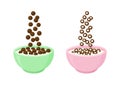 Bowl of chocolate cereal milk vector breakfast. Cartoon oats, sweet flavors. Falling cornflakes. Healthy food for kids