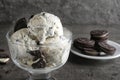 Bowl of chocolate cookies ice cream on table, closeup. Royalty Free Stock Photo