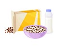 Bowl of Chocolate Crispy Cereal or Muesli with Bottle of Milk Rested Nearby Vector Composition