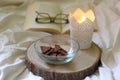 Chocolate, Candle, Book and Glasses Royalty Free Stock Photo