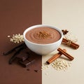 A bowl of chocolate mousse with ingredients like chocolate, cinnamon, and vanilla on a split brown and beige background. Royalty Free Stock Photo