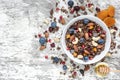 Bowl of chocolate oat granola or muesli with nuts, berries, dried fruits and honey Royalty Free Stock Photo