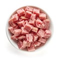 Bowl of chopped ham isolated on white; from above Royalty Free Stock Photo