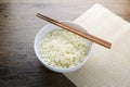 Bowl , chopsticks and instant noodle on the wooden table Royalty Free Stock Photo