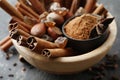 Bowl with cinnamon on table, closeup Royalty Free Stock Photo