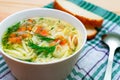 Bowl of clear chicken soup with noodle and vegetables Royalty Free Stock Photo