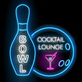 Bowl and cocktail lounge neon sigh. Vector clip art illustration