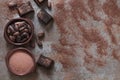 bowl cocoa powder beans with chocolate pieces. High quality photo