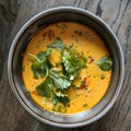 Bowl of coconut flavored thai curry soup garnished with cilantro leaves