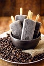 Bowl with coffee flavored popsicles. Cold dessert, cappucino popsicle, pop ice