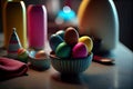 a bowl of colored easter eggs on a table Royalty Free Stock Photo