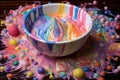 bowl of colorful baby cereal and milk