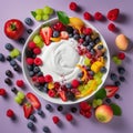 A bowl of colorful fruit salad with a dollop of Greek yogurt