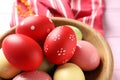 Bowl with colorful painted Easter eggs on table Royalty Free Stock Photo