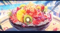 bowl of colorful and refreshing acai bowl with a variety of tropical fruits toppings manga cartoon style by AI generated