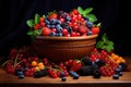 a bowl of colorful, ripening berries