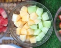 A Bowl Of Combination Fresh Sliced Cantaloupes And Melons