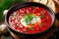 A bowl containing traditional Ukrainian borscht rests on the table, exemplifying Ukraine\'s national cuisine. Generative AI