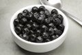 Bowl with cooked black tapioca pearls close up Royalty Free Stock Photo
