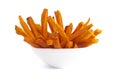 Bowl of Cooked Sweet Potato Fries Isolated on a White Background