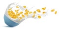 Bowl of corn flakes with milk splash isolated on white background Royalty Free Stock Photo