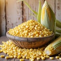 Bowl of Corn Kernels with Corn on the Cob and Wooden Background wooden bowl Royalty Free Stock Photo