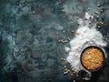 bowl with corn starch on kitchen table and ear of corn Royalty Free Stock Photo