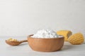 Bowl of corn starch and spoon with kernels Royalty Free Stock Photo