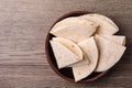 Bowl with corn tortillas and space for text on wooden background. Unleavened bread