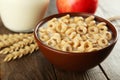 Bowl of cornflakes with milk on brown wooden background. Royalty Free Stock Photo