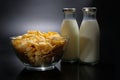 A bowl of cornflakes and milk in a glass on a dark background Royalty Free Stock Photo