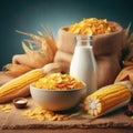 A bowl of cornflakes sitting in a sea of corn and harvest of hessian bags filled with corn Royalty Free Stock Photo