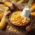 A bowl of cornflakes sitting in a sea of corn and harvest of hessian bags filled with corn Royalty Free Stock Photo