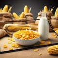 A bowl of cornflakes sitting in a sea of corn and harvest of hessian bags filled with corn Royalty Free Stock Photo