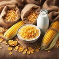 A bowl of cornflakes sitting in a sea of corn and harvest of hessian bags filled with corn Royalty Free Stock Photo