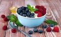 A bowl with cottage cheese, ripe berries and honey on the wooden table. Healthy breakfast in the morning. ?lose-up Royalty Free Stock Photo