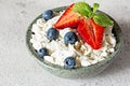 A bowl with cottage cheese, yogurt, fresh berries blueberries, strawberries and fresh mint on a gray background. Royalty Free Stock Photo