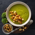 Bowl of cream broccoli soup with bread croutons on wooden background
