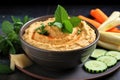 bowl of creamy hummus with carrot and cucumber sticks