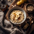 oatmeal topped with bananas and honey placed on a cozy knit placemat.