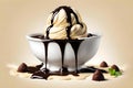 Bowl of creamy and rich vanilla ice cream with chocolate sauce