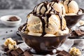 Bowl of creamy and rich vanilla ice cream with chocolate sauce