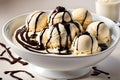 Bowl of creamy and rich vanilla ice cream with chocolate sauce